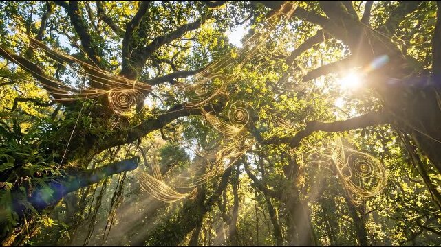 Spinning Golden Threads Across A Lush Forest Canopy With Vibrant Emerald And Sunlit Yellow, Ethereal, cinematic conceptual motion visual for creative