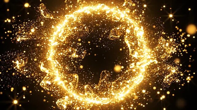 Circular frame made of shimmering gold dust particles with a glowing magical effect and luxury texture on black background