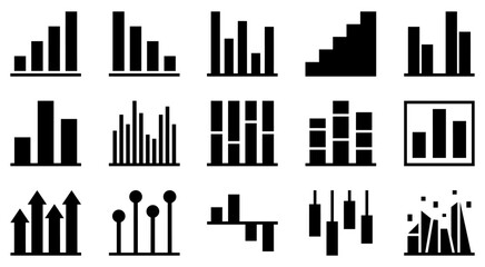 Fototapeta premium A collection of various business bar graph icons presented as a clean black and white vector lineart illustration set
