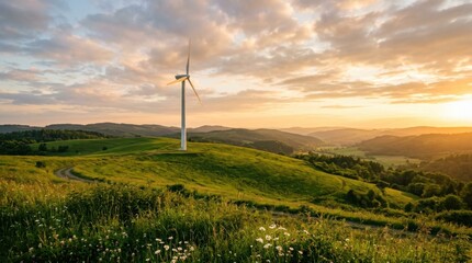 Obraz premium Wind turbine on green hillside during sunset with natural light and copy space