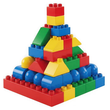 A colorful stack of interlocking plastic bricks in various shapes and sizes isolated on transparent background