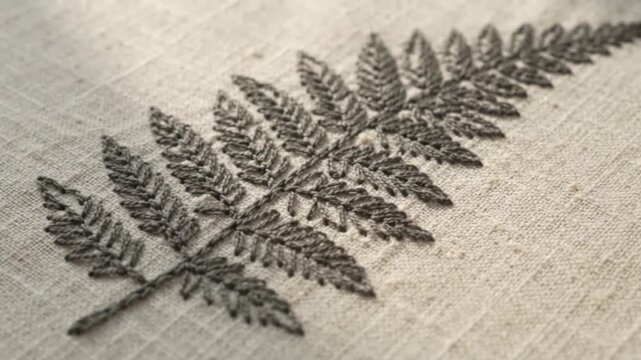 Close-up of various embroidered leaf patterns on textured fabric with manual stitching