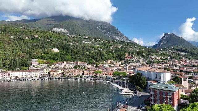 Aerial view of Lake Garda, Toscolano-Maderno, Chiesa dei Santi Faustino e Giovita - Monte Maderno, Province of Brescia, Lombardy, Italy