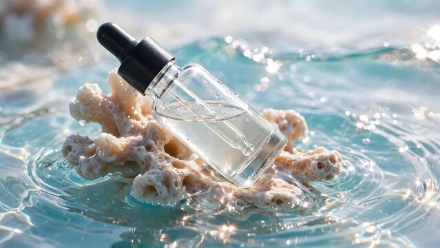 Clear liquid serum bottle on coral in rippling water