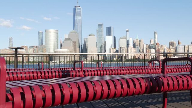 New York City Manhattan downtown financial district skyline, New Jersey Exchange Place, United States. Urban cityscape with skyscraper buildings, World Trade Center. J Owen Grundy park, Paulus Hook.