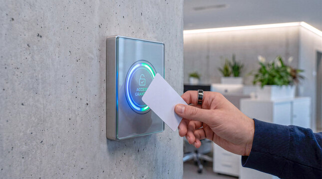 Employee scanning security access card at office door reader device