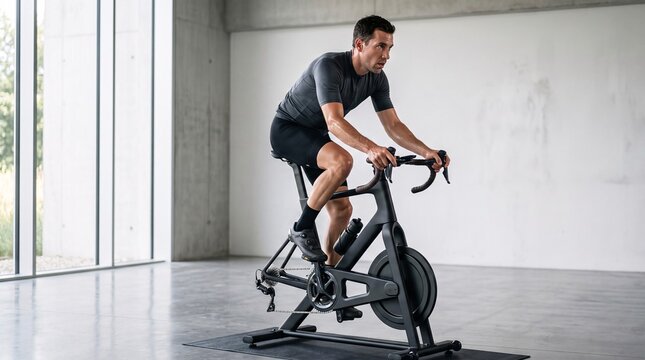 Athletic man training on a stationary bike in a minimalist indoor studio space