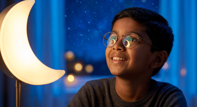 Young boy looking up at crescent moon lamp in dark room, dreaming of night sky, wonder and imagination. Childhood, education, bedtime story, nocturnal theme.