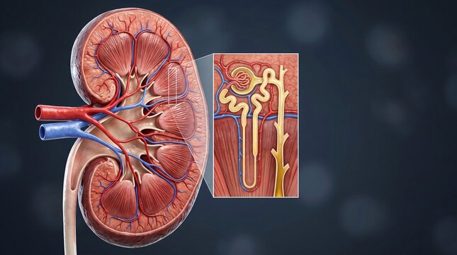 Anatomical illustration of a human kidney with nephron structure and blood vessels