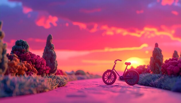 Tiny Bicycle Against Dramatic Sunset Evening Sky