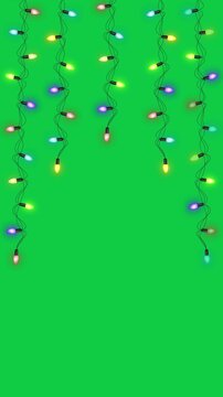 Colorful Christmas String Lights Hanging Blinking on Top Border Isolated Green Screen Loop Animation,Chroma Key New Year ,Holiday and Birthday Overlay Vertical Social Media Motion design element