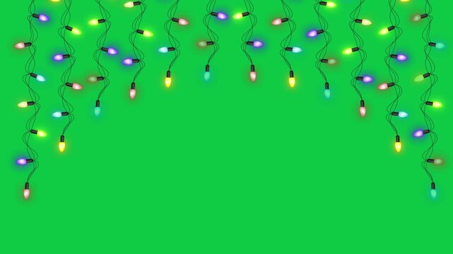 Colorful Christmas String Lights Hanging Blinking on Top Border Isolated Green Screen Loop Animation,Chroma Key New Year and Holiday and Birthday Videos Overlay Motion design element
