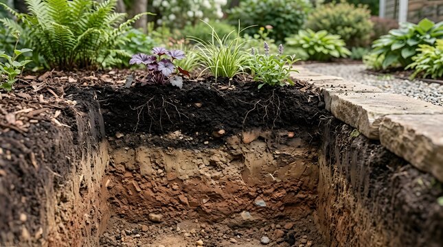 Cross Section of Garden Soil Layers Under Newly Planted Border