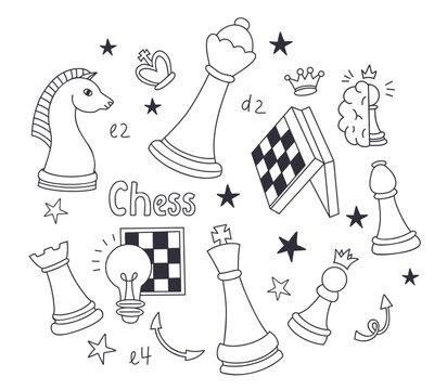 Chess Doodle. Line Art Set. Strategy Game Pieces Folded Board Brain Pawn Crown Light Bulb Arrow Symbol Icons. Isolated Vector Illustration Hand Drawn for School Education Business Mind Graphic Design