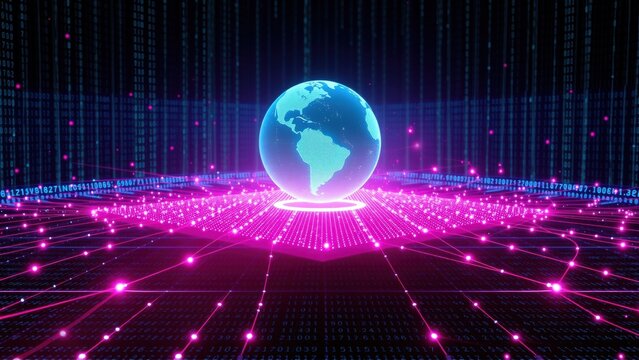 Digital globe floats above glowing network. Binary code streams form background. Futuristic scene depicts data connections.