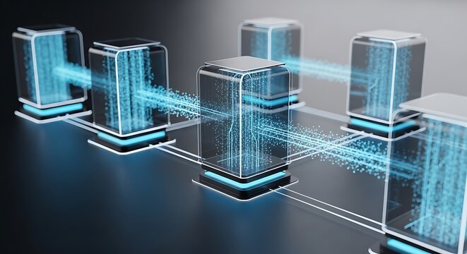 Digital data cubes connected by glowing light streams on a dark reflective surface background with digital particles