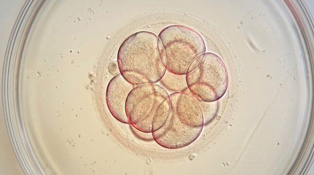 Human embryo at cleavage stage showing multiple cells in a laboratory petri dish