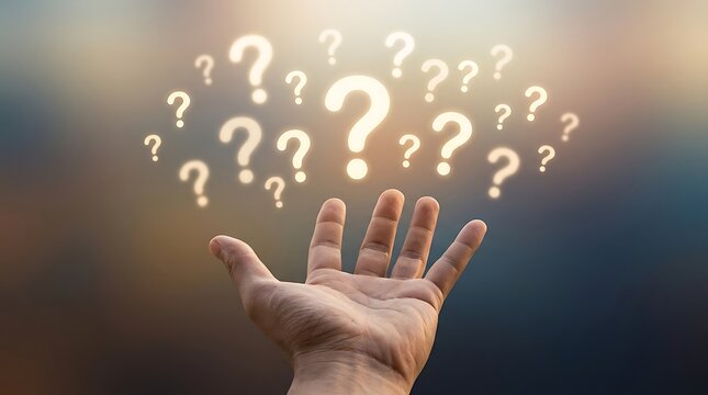 Hand reaching with question mark bubbles