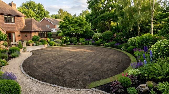 Large Oval Bed of Prepared Soil in a Lush English Cottage Garden