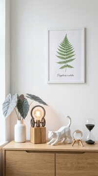 Stylish minimalist interior decor on a wooden desk featuring a steampunk industrial lamp, a white low-poly cat sculpture, a green fern botanical wall art frame, and a black sand hourglass.