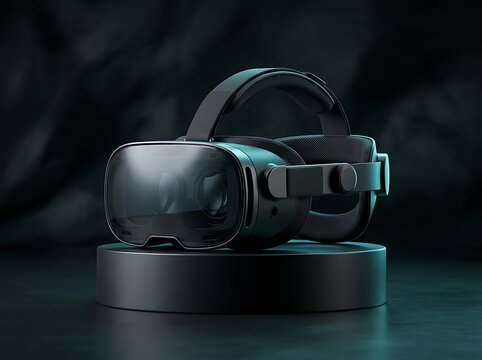 Futuristic virtual reality headset with sleek black design on circular podium featuring immersive lenses and adjustable straps for gaming and professional training.