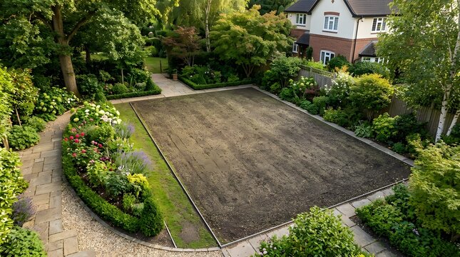 Overhead View of a Prepared Lawn Bed in an English Back Garden