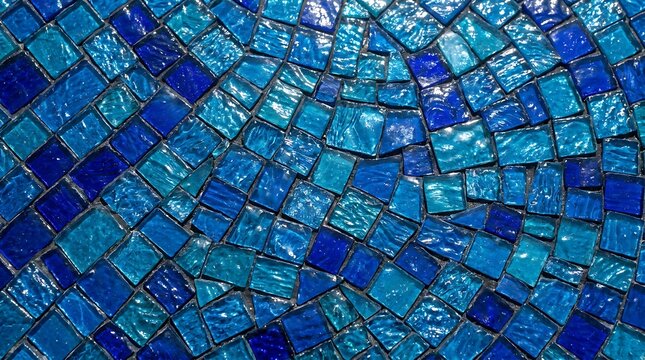 Close up of mosaic blue glass tiles pattern