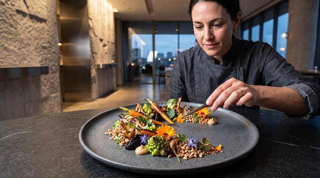 Professional female chef plating gourmet vegetable dish in a modern restaurant