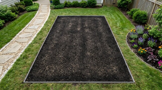 Overhead View of a Seeded Soil Bed Edged Neatly in a Tidy Backyard