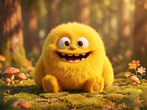 A cute fluffy yellow monster sitting in a magical sunlit forest clearing