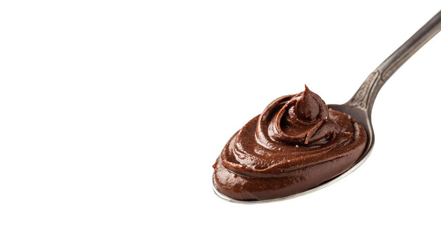 Stainless steel spoon with sweet chocolate paste isolated on transparent background