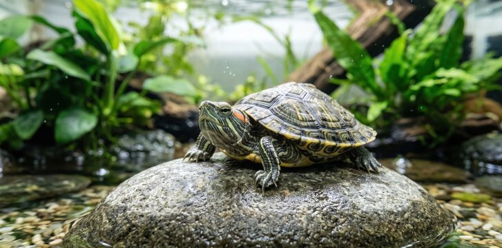 Small red eared slider turtle resting on a smooth grey rock inside a lush green aquarium tank
