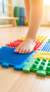Close up of child foot stepping on colorful sensory massage mat, textured tactile tiles for foot therapy in playroom. Physical therapy, pediatrics, early development, wellness.