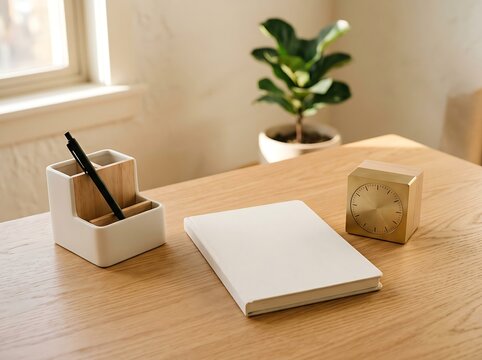 Minimalist wooden desk setup featuring white ceramic pen holder with black pen next to blank notebook and stylish brass square table clock in bright room.