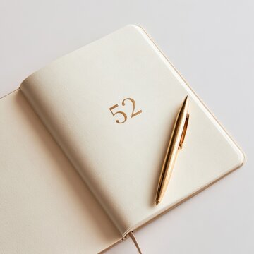 A weekly planner shows number 52 on a warm paper journal with a gold pen next to it. This setup is useful for bloggers planning their year.