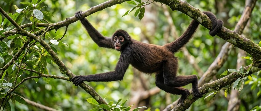 Spider monkey with dark brown fur hanging from tree branches in a lush tropical rainforest, looking towards the camera with an alert expression and a long prehensile tail gripping a limb