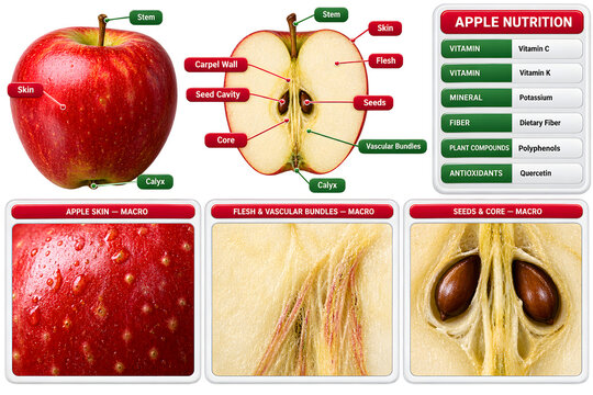 Realistic Apple Anatomy and Nutrition Scientific Infographic with Detailed Cutaway