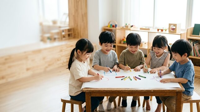 Group of happy Asian children drawing with colorful crayons together at a wooden table in a bright classroom.