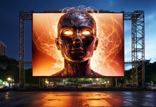 Glowing digital human face on a large outdoor LED billboard at dusk