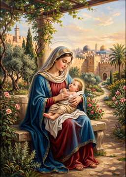 A serene, classical-style illustration of the Virgin Mary lovingly holding a sleeping Baby Jesus in a blooming garden, with a walled ancient city at sunset in the background.