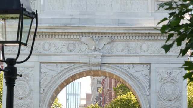 New York City Manhattan Washington Square Park arch, United States. Marble historic monument Greenwich Village. 5 fifth avenue triumphal arch. Autumn fall garden greenery. George Washington memorial.