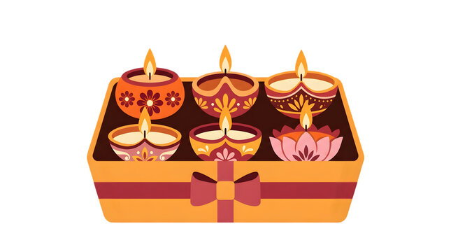 Diwali diya gift box with six burning oil lamps, traditional Indian festival celebration set, decorative clay deepak collection for Deepavali