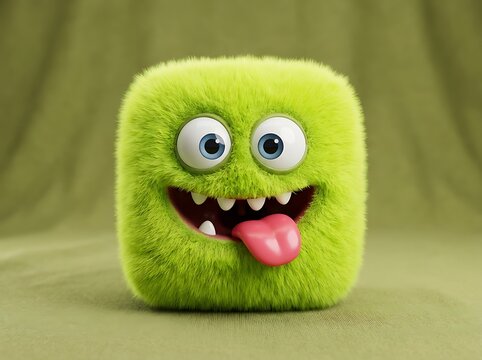 A cute green fluffy square monster character with a funny silly expression