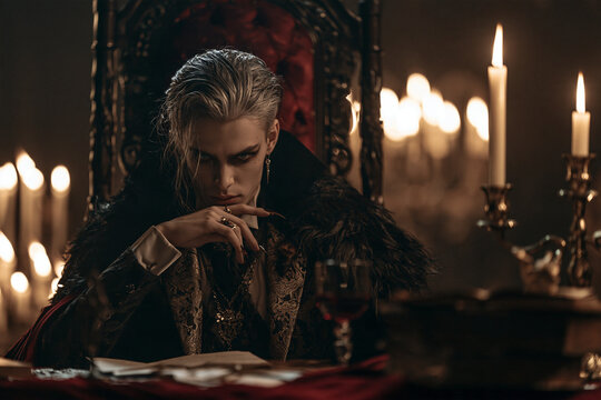 Aristocratic Vampire Lord Seated at Candlelit Desk in Gothic Castle Wearing Elegant Dark Costume for Halloween
