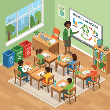 Isometric vector illustration of a classroom with a teacher and studen