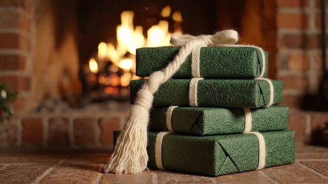 Cozy stack of green wrapped christmas presents with white ribbons sitting neatly on a warm brick hearth in front of a flickering fireplace creating a festive holiday mood