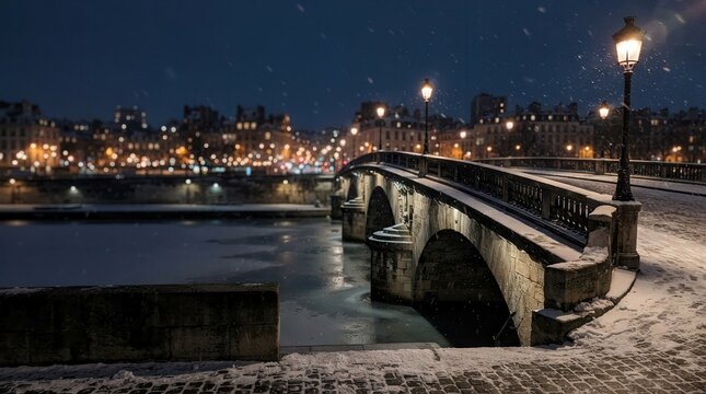 Snowy Stone Bridge over Canal Illuminated at Winter Night