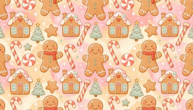 Christmas gingerbread houses with gingerbread men and peppermint sweets pattern