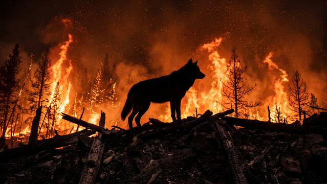 Dramatic silhouette of a wild wolf watching a massive forest fire destroy the woodland habitat