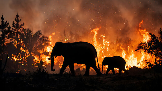 Elephants seek refuge amidst the raging inferno, a stark depiction of wildlife facing environmental catastrophe